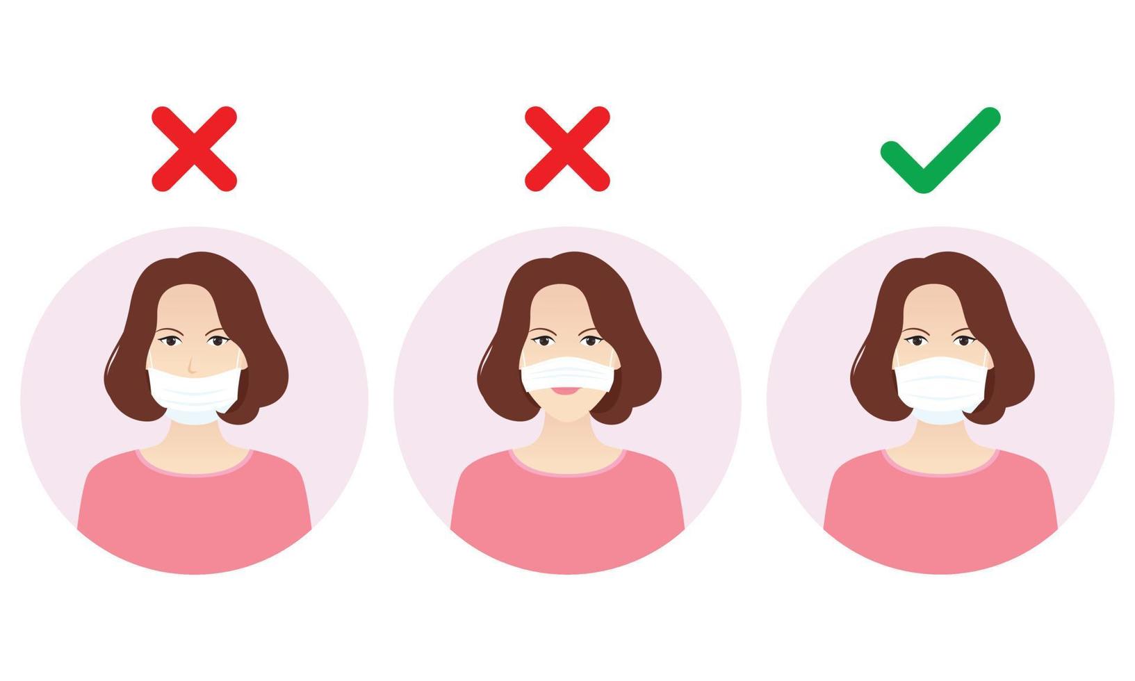 las mujeres muestran la forma incorrecta y correcta de usar máscaras protectoras para la cara para protegerse contra virus, gérmenes y contaminación del aire. detener la infección. concepto de atención médica. ilustración vectorial vector