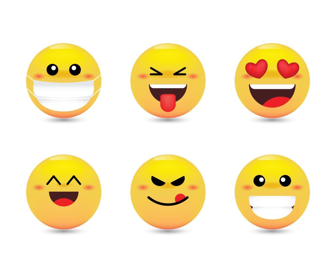 Set of emotional reactions. Yellow emojis with facial expressions. Vector emoticon set.