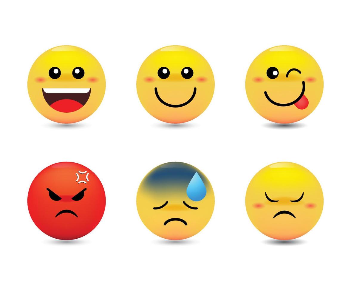 Set of emotional reactions. Yellow emojis with facial expressions. Vector emoticon set.