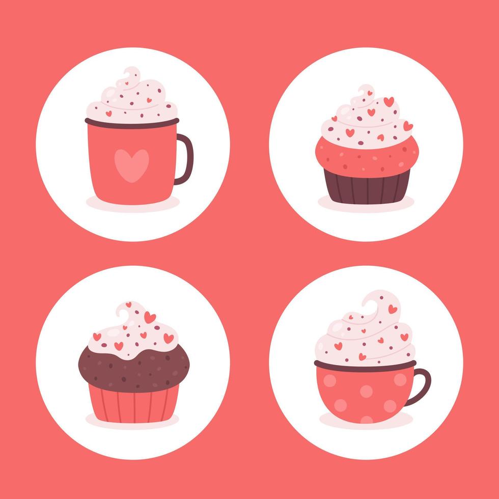 Valentines Day hot drinks with cupcakes. Coffee cups, muffins. Valentines Day sweets vector