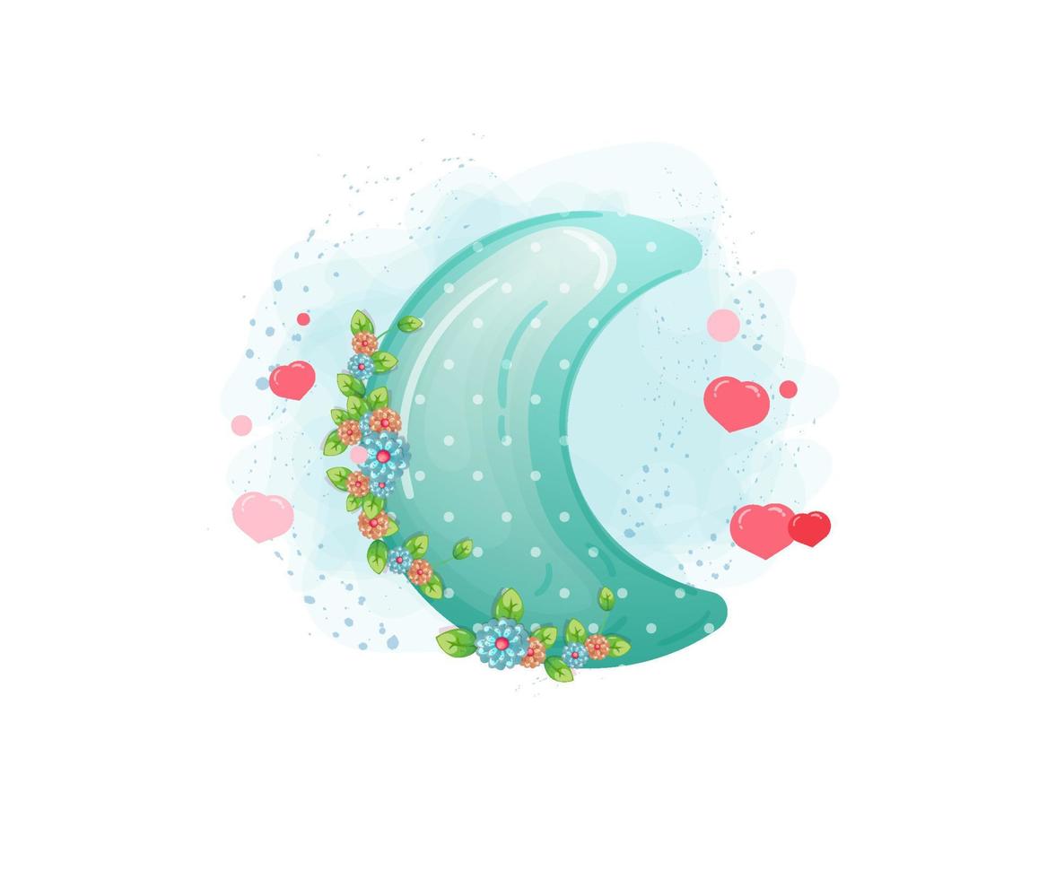 Cute gradient moon with floral decoration and hearts vector