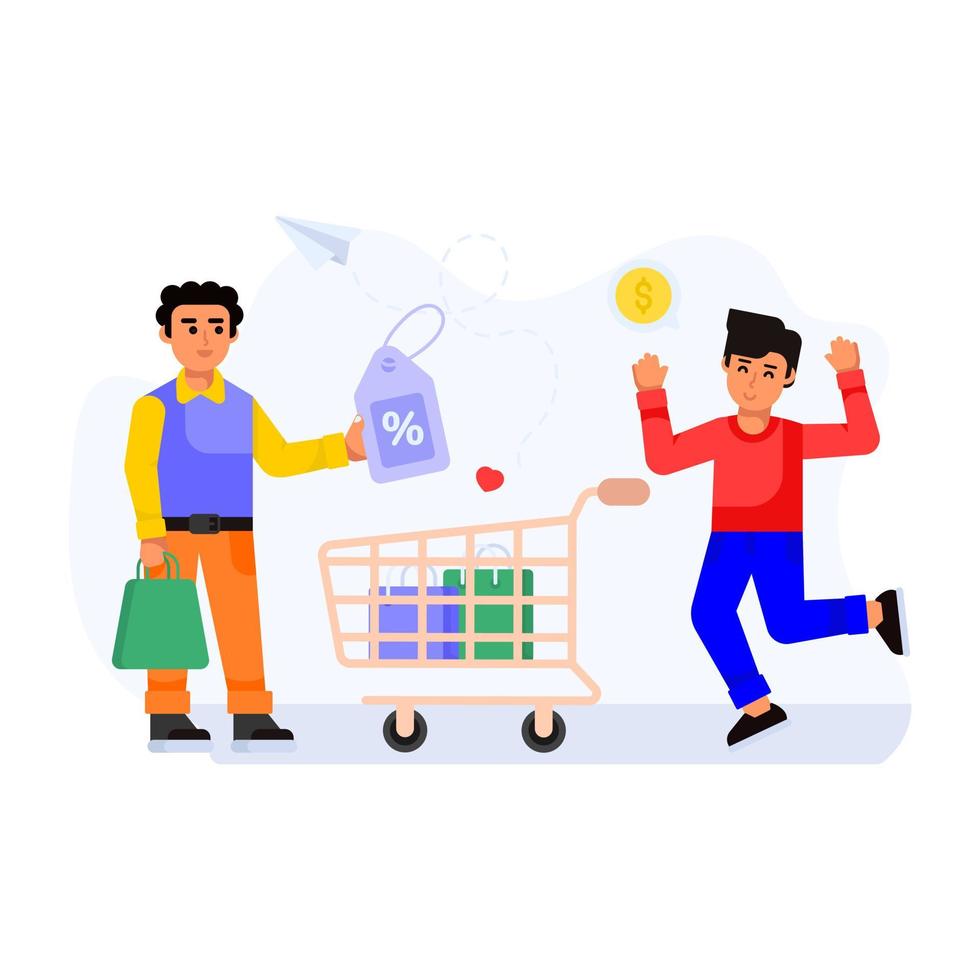 una ilustración plana de descuento de compras, carrito de compras con etiquetas de descuento vector