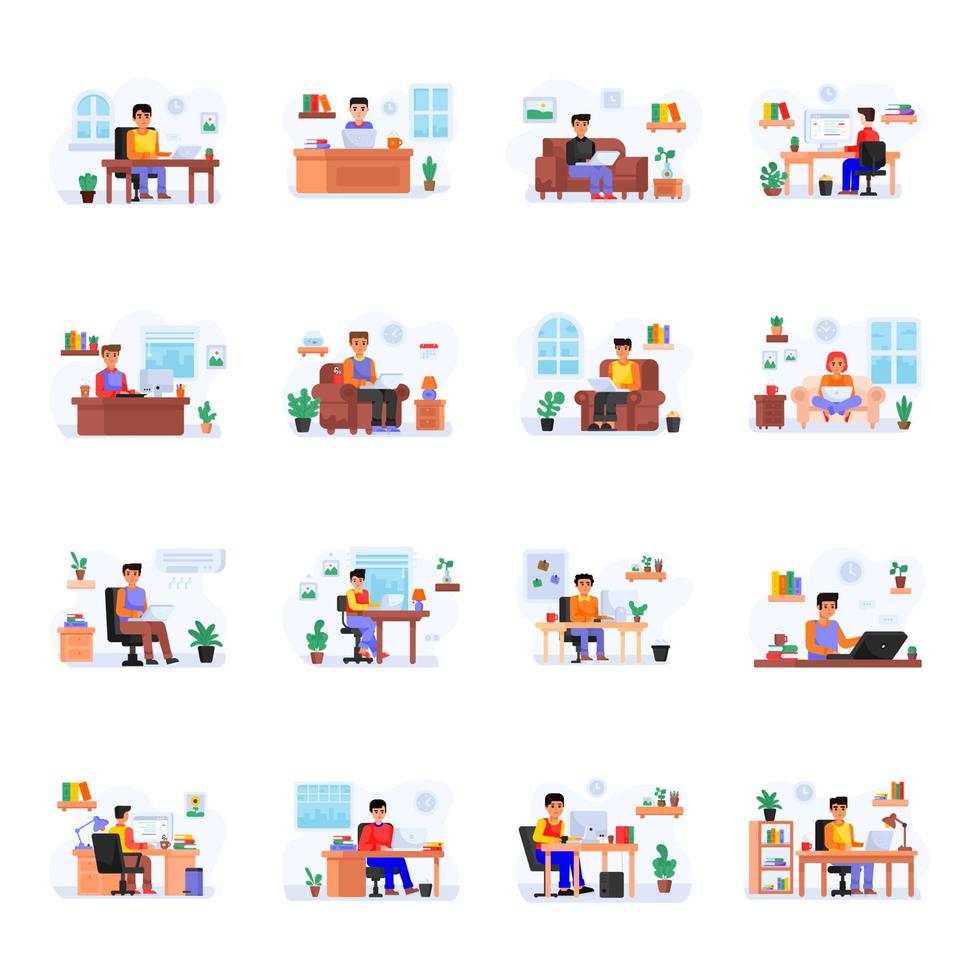 Collection of Work from Home Flat Illustrations vector