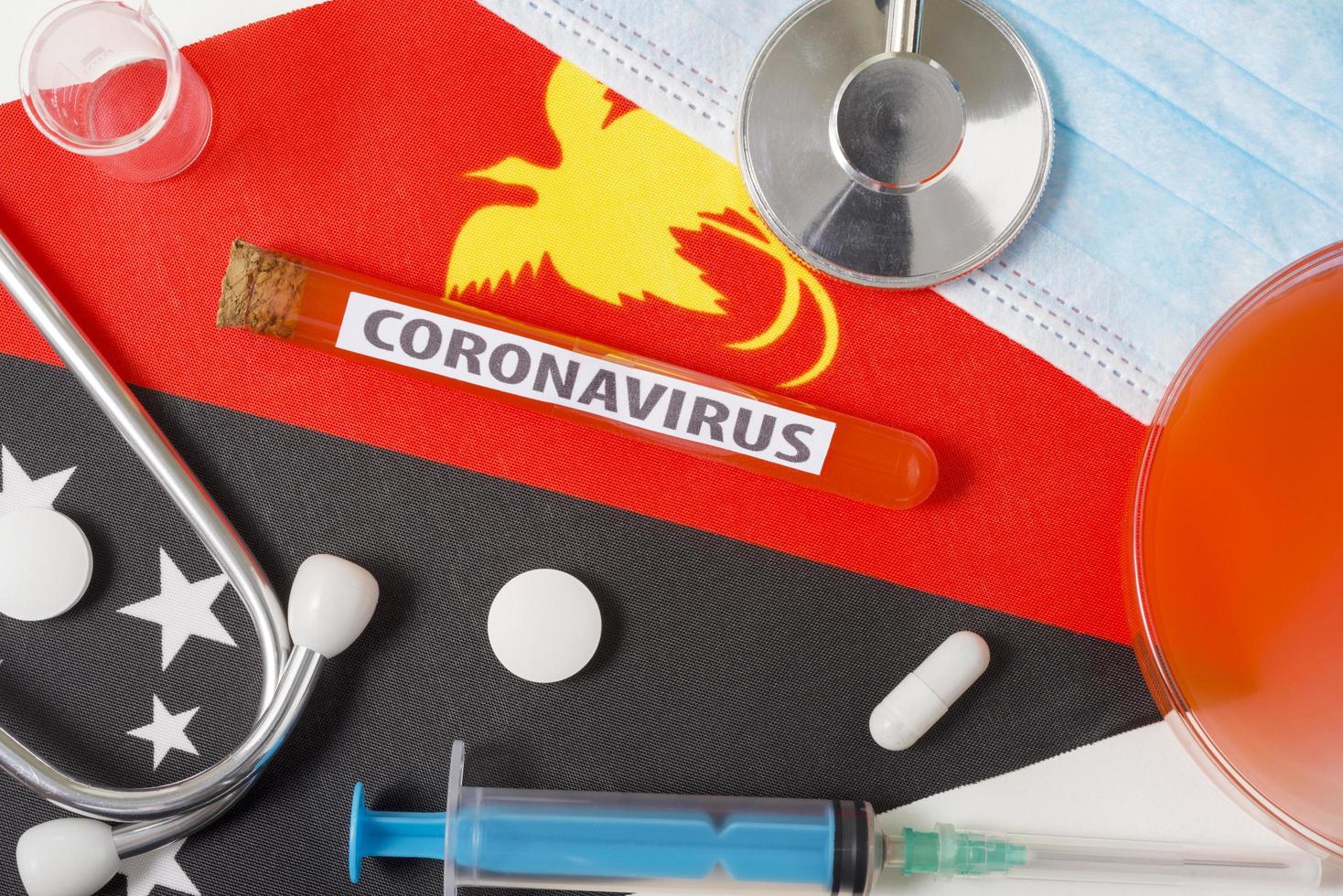 Coronavirus, nCoV concept. Top view protective breathing mask, stethoscope, syringe, tablets on the flag of Papua New Guinea. photo