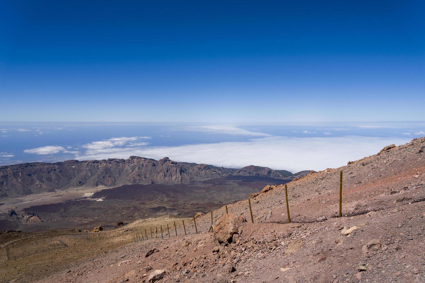 View from Teide Las Canadas Caldera volcano with solidified lava. Teide national Park mountain landscape above the clouds. Tenerife, Canary Islands, Spain. photo