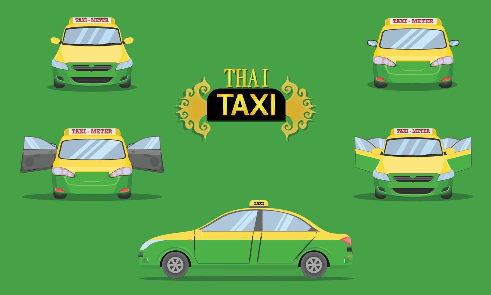 taxi tailandés tapa coche vista lateral trasera servicio de transporte vehículo de pasajeros tipo amarillo verde vector ilustración eps10