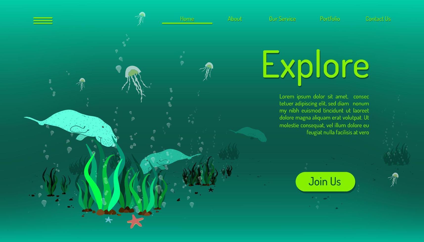 landing page website template. explore ocean life. time to travel. green tone background. vector illustration eps10
