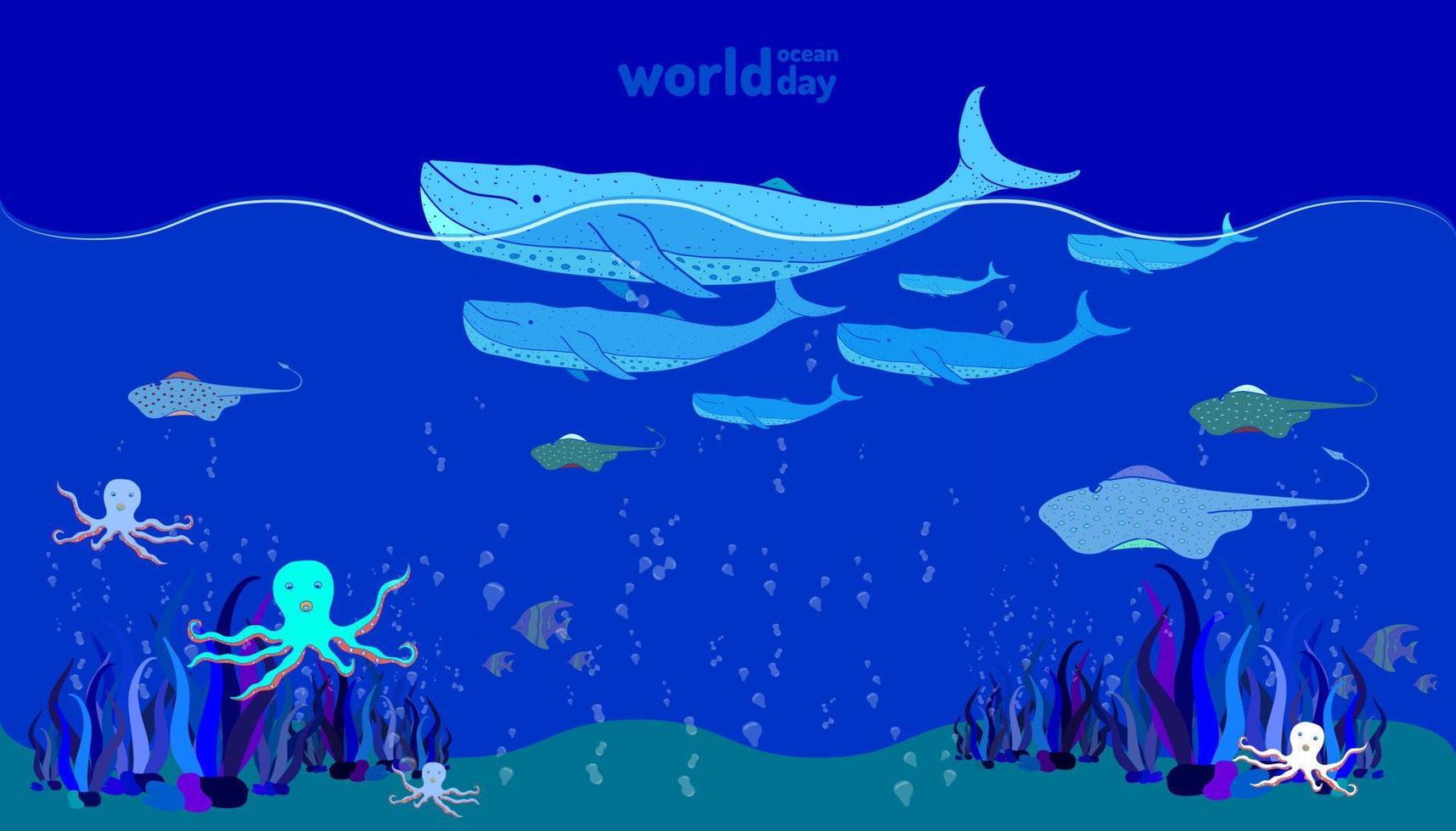 día mundial del océano. vida de los animales marinos. estilo de diseño colorido de dibujo a mano alzada. ilustración vectorial eps10 vector