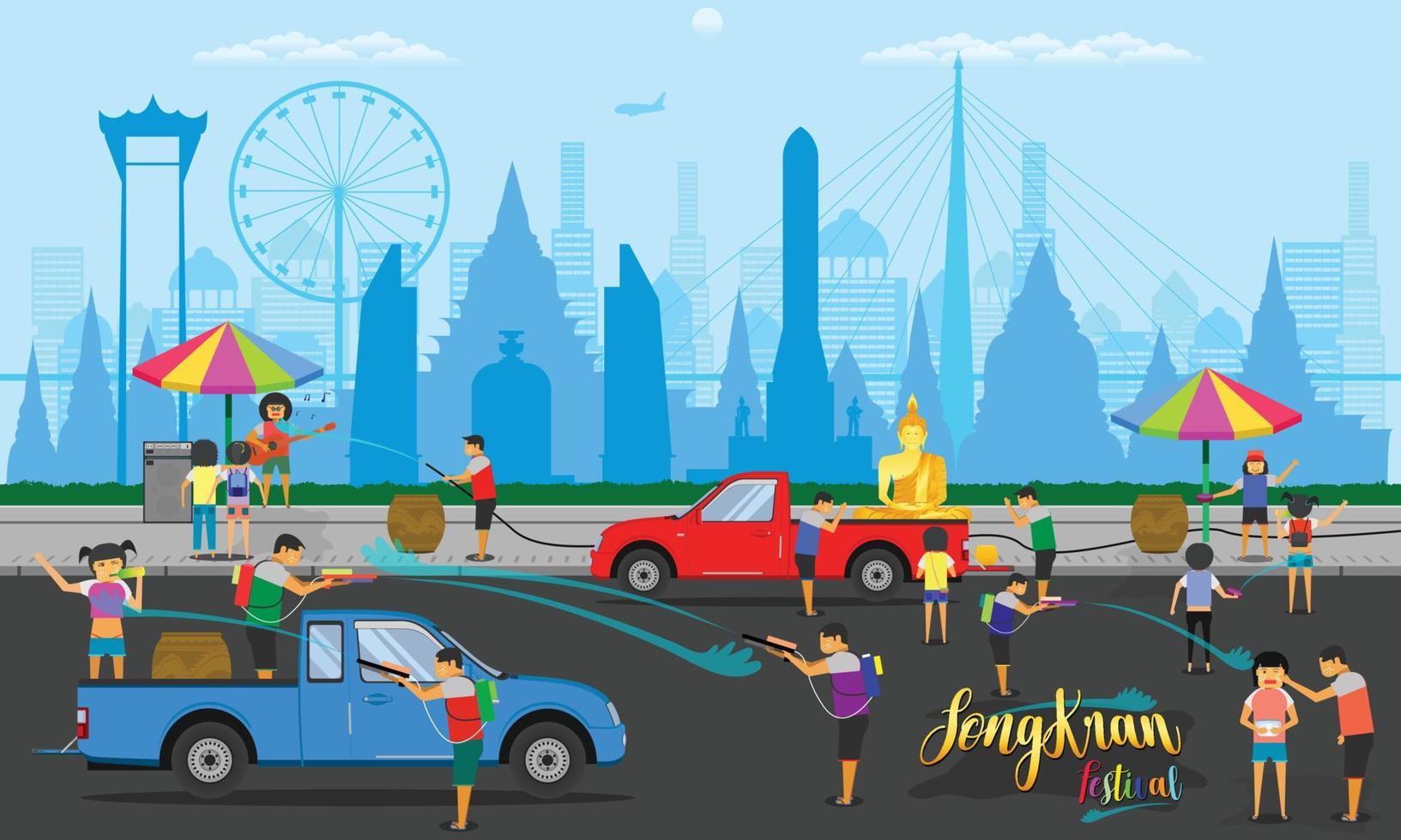 songkran festival thailand traditional holiday summer with many people on street vector illustration eps10