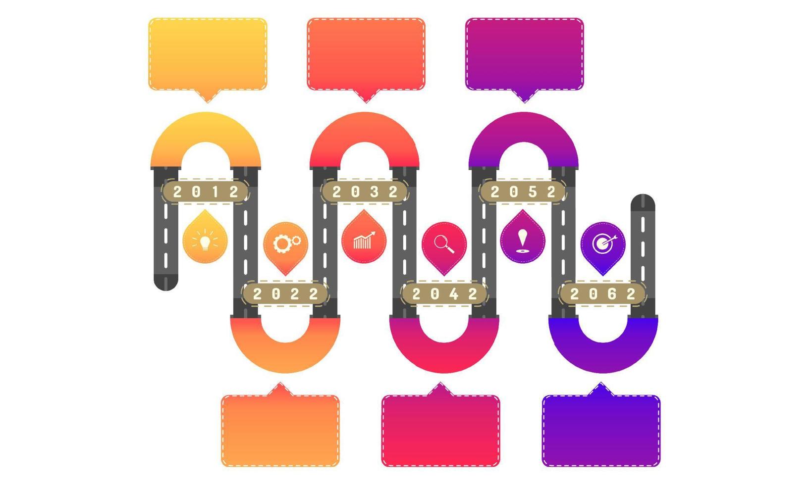 6 curve tunnel way roadmap timeline elements with markpoint graph think search gear target icons. vector illustration eps10