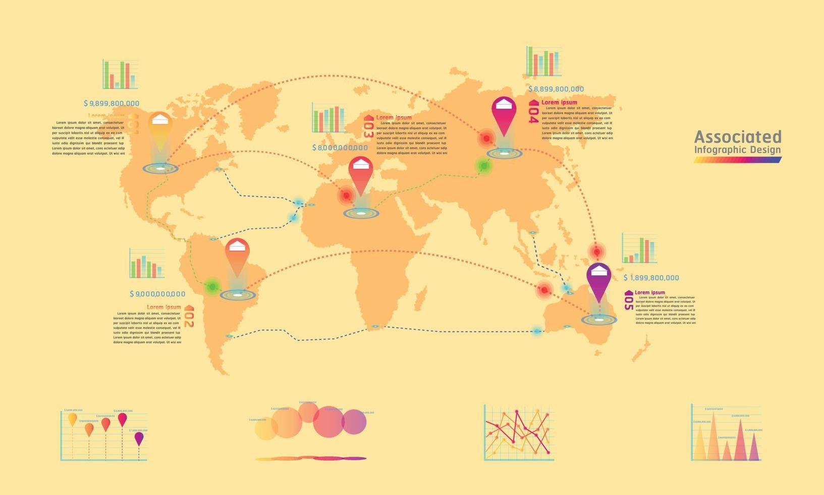 associated company factory world map mark point infographic design with summary graph chart data egg tone vector illustration eps10