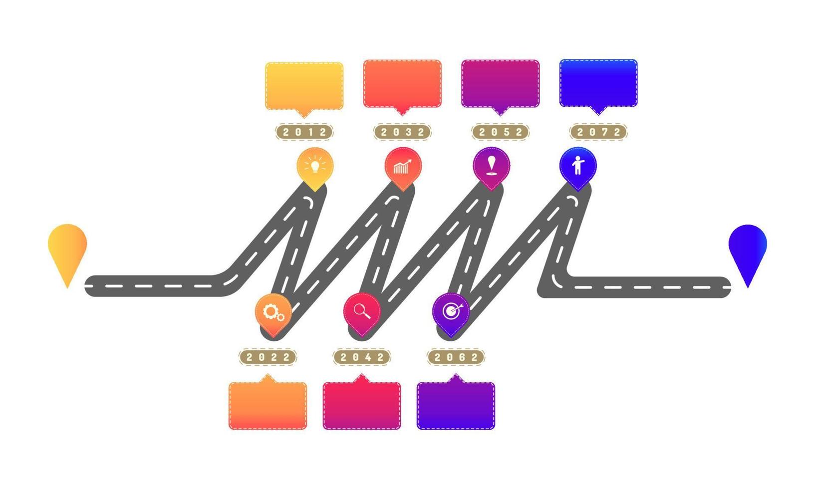 Elementos de la línea de tiempo de la hoja de ruta de la carretera en zigzag con gráfico de puntos de marca, piense en los iconos de destino del equipo de búsqueda. ilustración vectorial eps10 vector