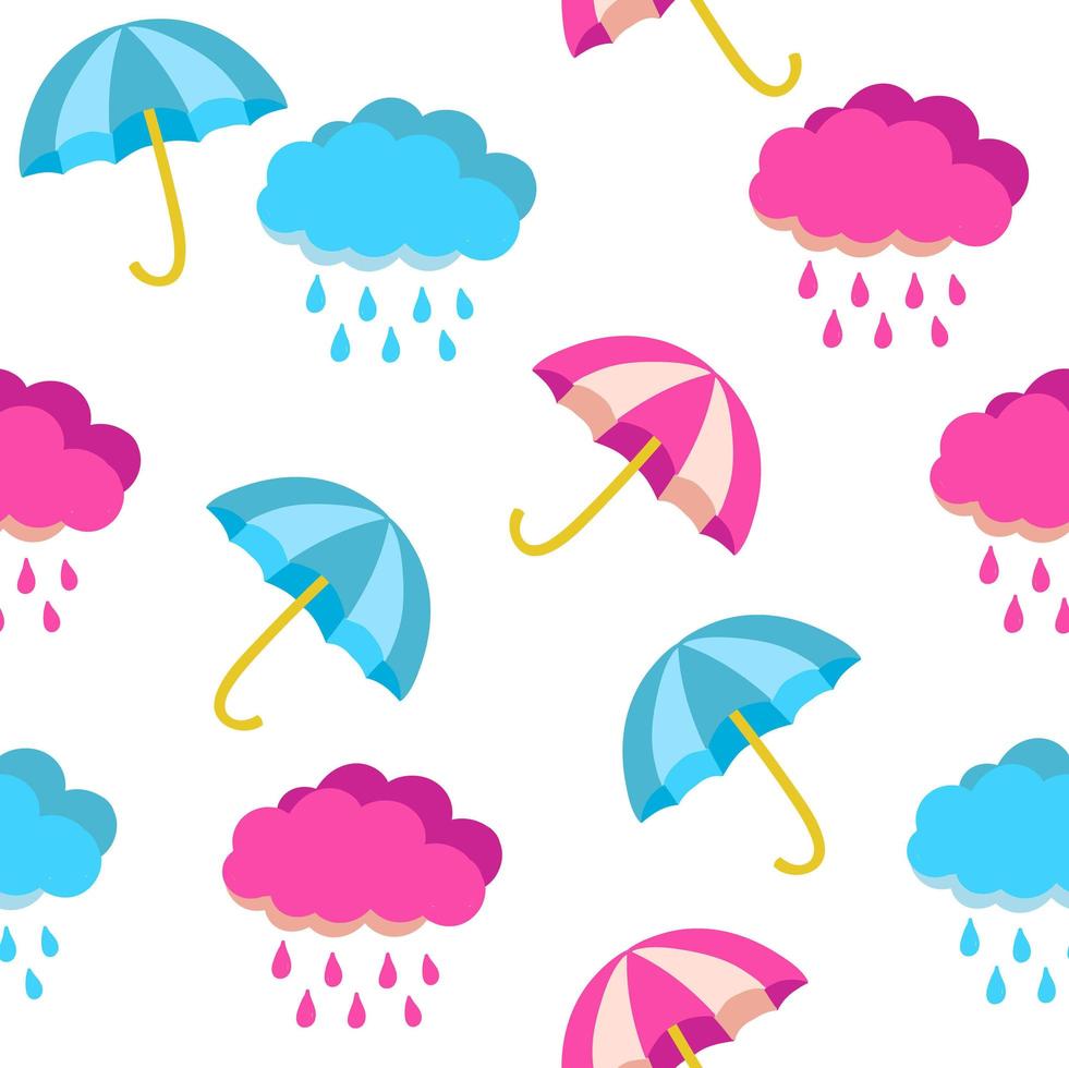 Pink and blue umbrellas and rain clouds. Seamless background vector
