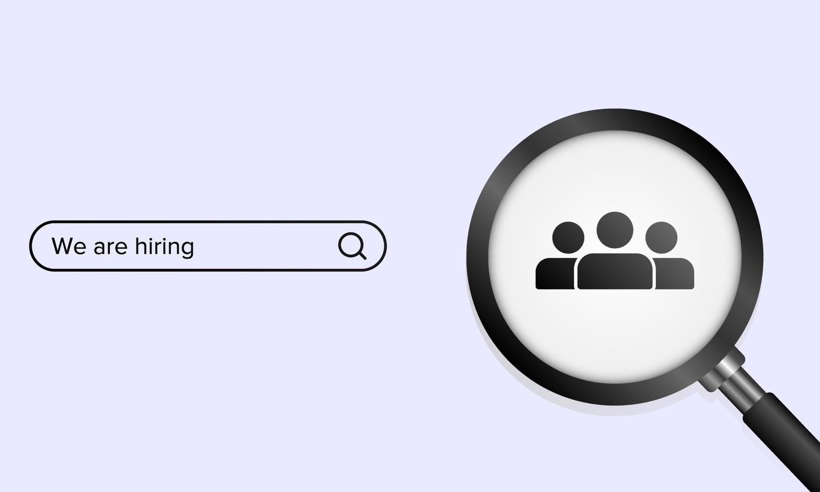 Vector illustration of staff hiring program. Magnifying glass 