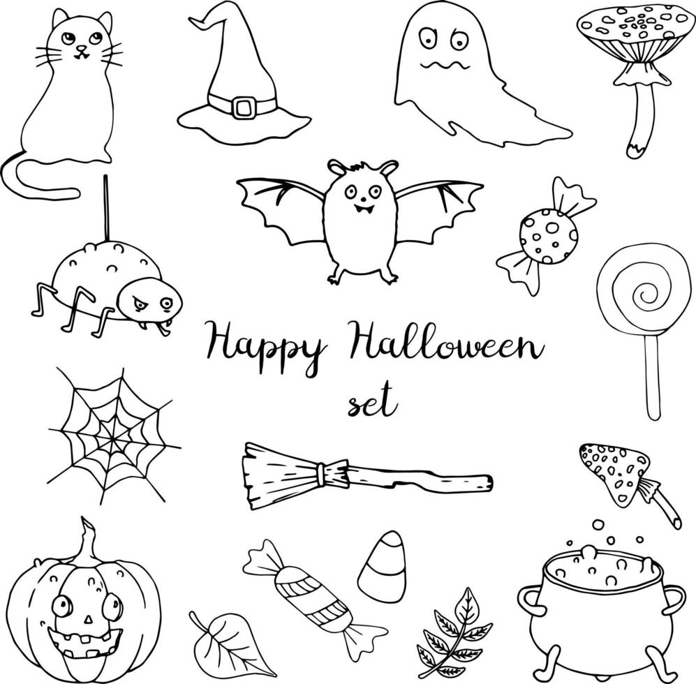 Set of Happy Halloween design elements. Cat, hat, fly agaric, cauldron of potion, bat, candy, broom, pumpkin, leaves vector illustration in doodle style outline drawing isolated on white background.