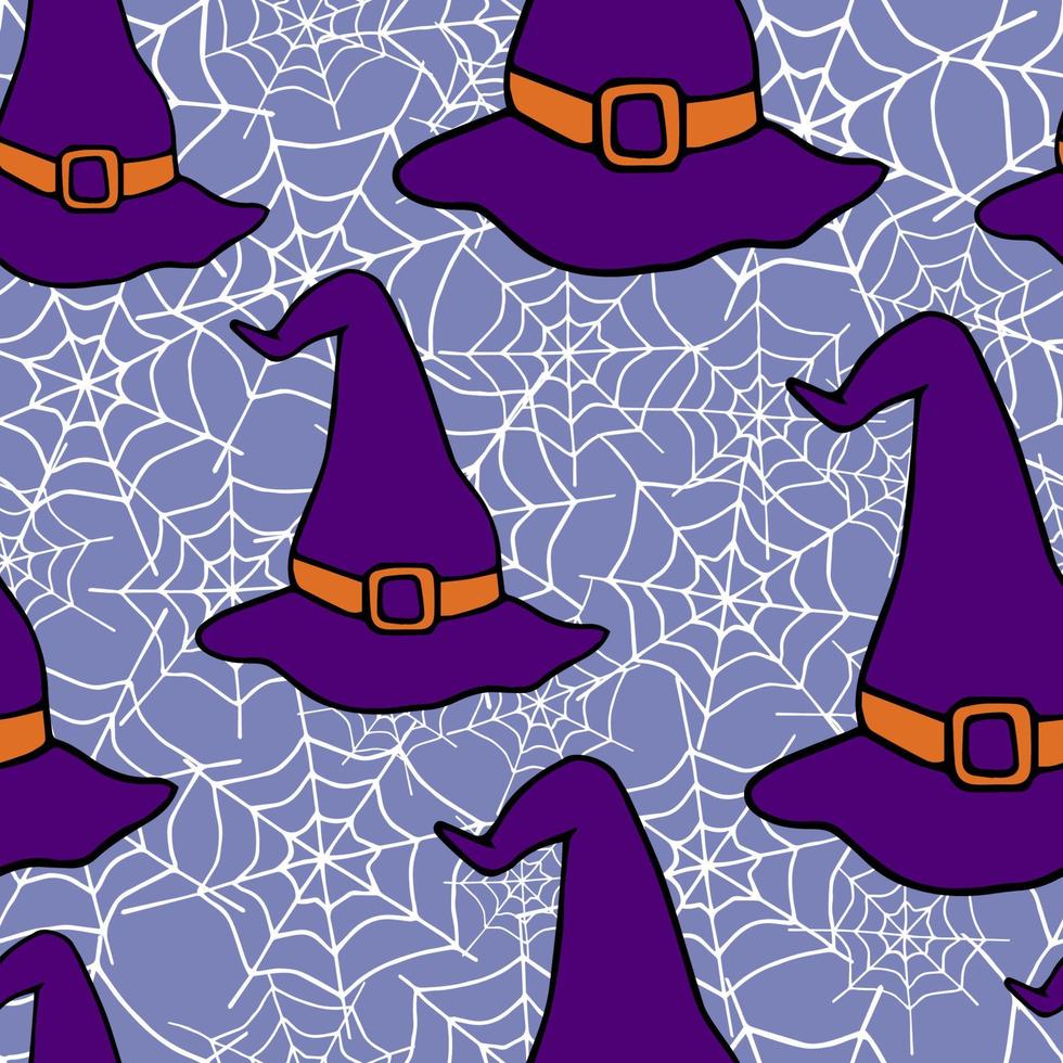 feliz halloween vector de patrones sin fisuras. fondo de sombrero de bruja. textura colorida de vacaciones para envolver, papel pintado, textil, scrapbooking. ilustración vectorial dibujada a mano en estilo garabato.