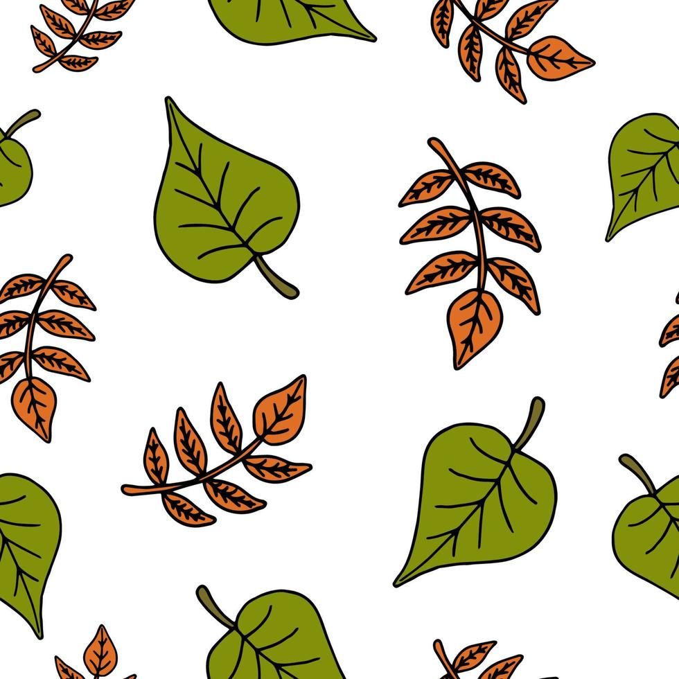 Happy Halloween vector seamless pattern. Autumn leaves background. Holiday colorful texture  for wrapping, wallpaper, textile, scrapbooking. Hand drawn vector illustration in doodle style