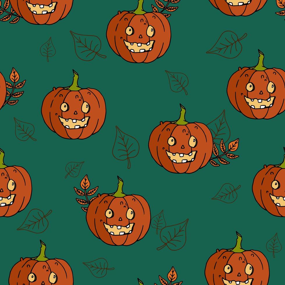 feliz halloween vector de patrones sin fisuras. fondo de calabaza. textura colorida de vacaciones para envolver, papel pintado, textil, scrapbooking. ilustración vectorial dibujada a mano en estilo garabato.