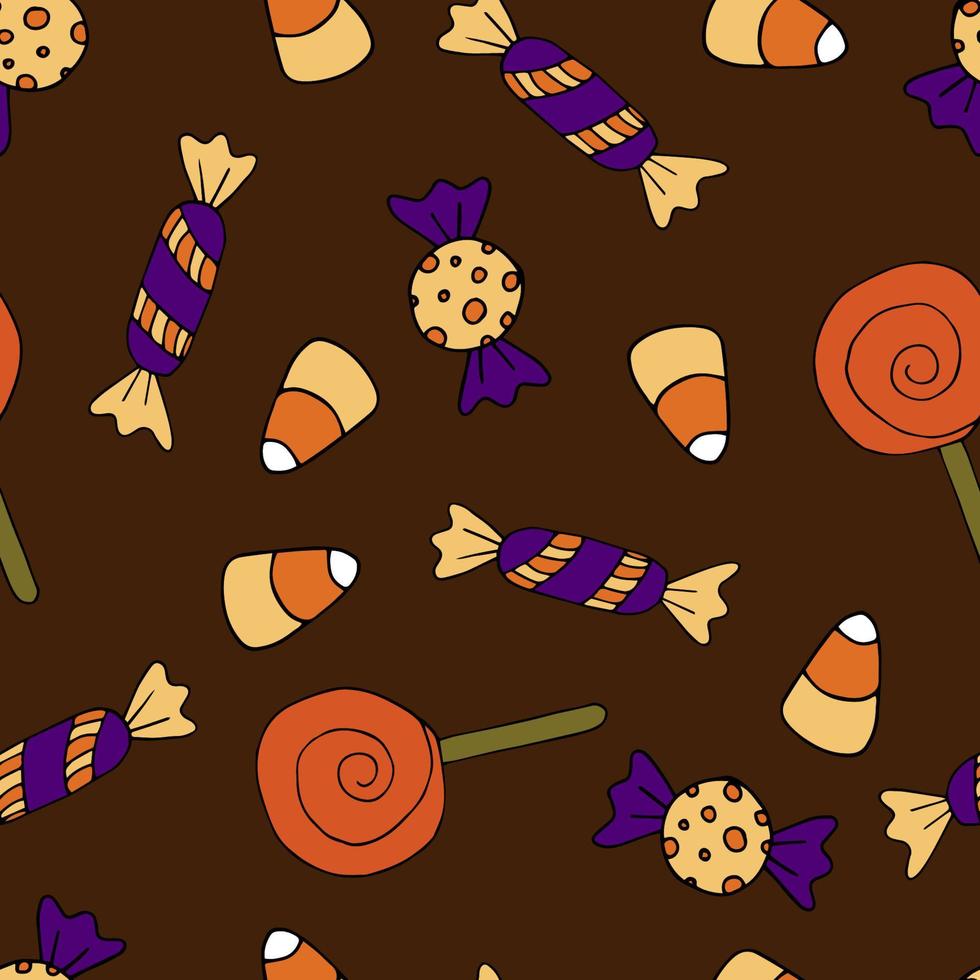 Happy Halloween vector seamless pattern. Candy, sweets background. Holiday colorful texture  for wrapping, wallpaper, textile, scrapbooking. Hand drawn vector illustration in doodle style