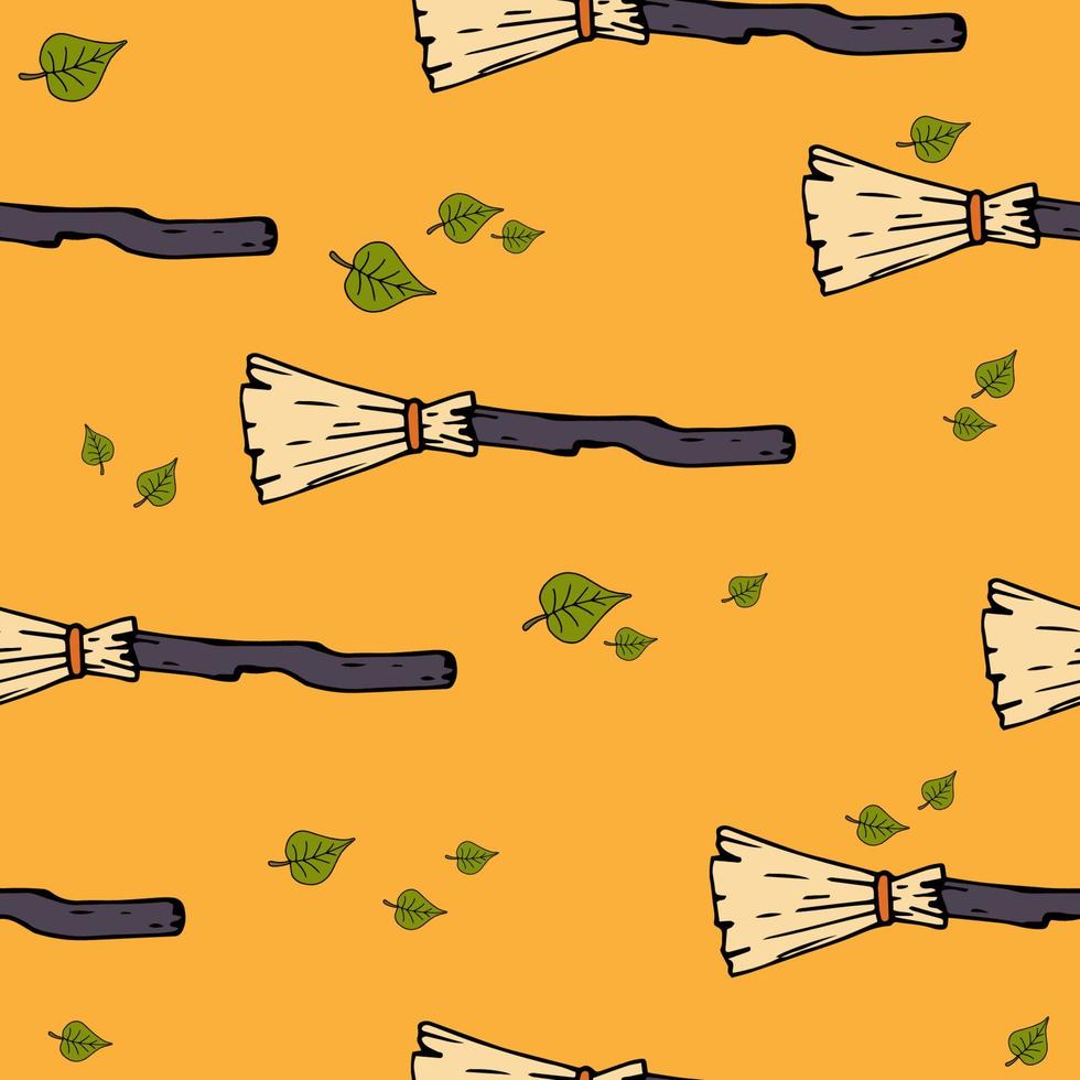 Happy Halloween vector seamless pattern. Broom background. Holiday colorful texture  for wrapping, wallpaper, textile, scrapbooking. Hand drawn vector illustration in doodle style