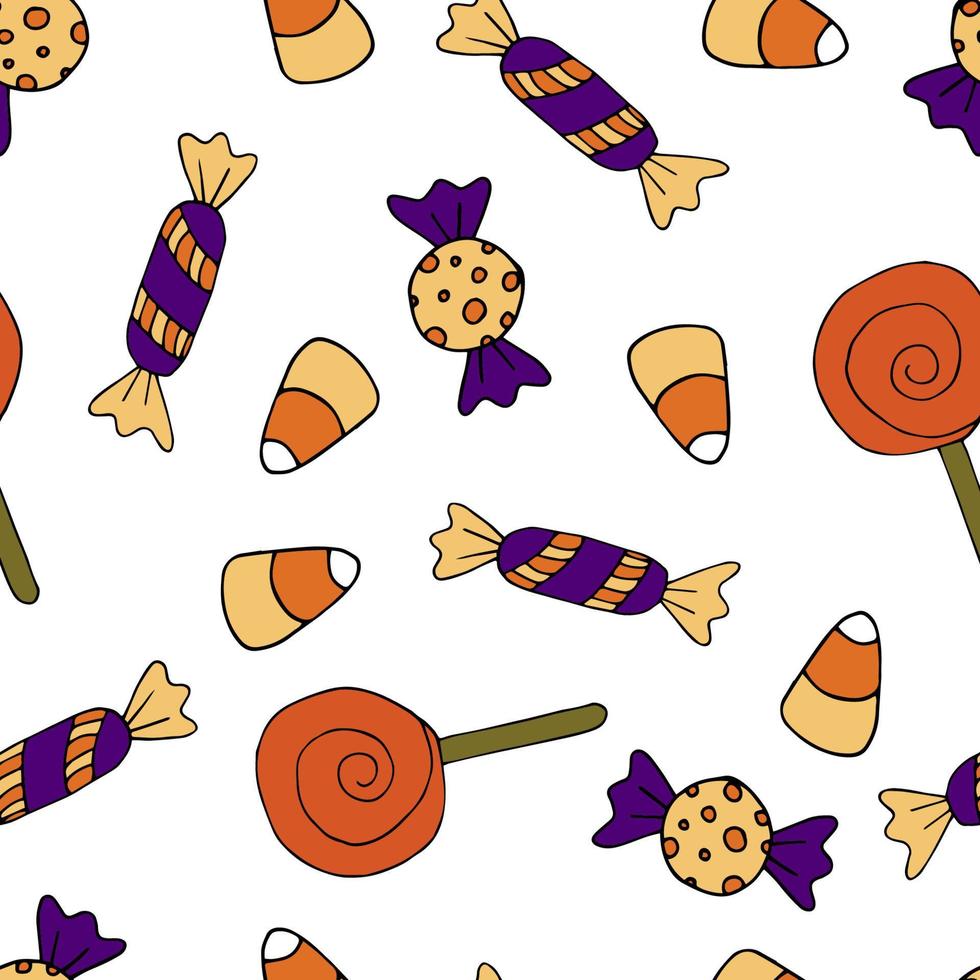 Happy Halloween vector seamless pattern. Candy, sweets background. Holiday colorful texture  for wrapping, wallpaper, textile, scrapbooking. Hand drawn vector illustration in doodle style