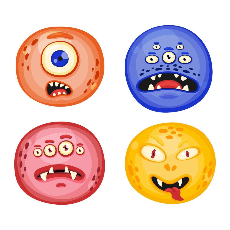 Hand drawn round Doodle monsters characters with different expressions. Cheerful face emotions. Colorful vector sticker set. Cute game assets. Illustration for kids isolated on white background