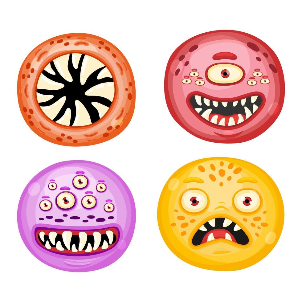 Hand drawn round Doodle monsters characters with different expressions. Cheerful face emotions. Colorful vector sticker set. Cute game assets. Illustration for kids isolated on white background