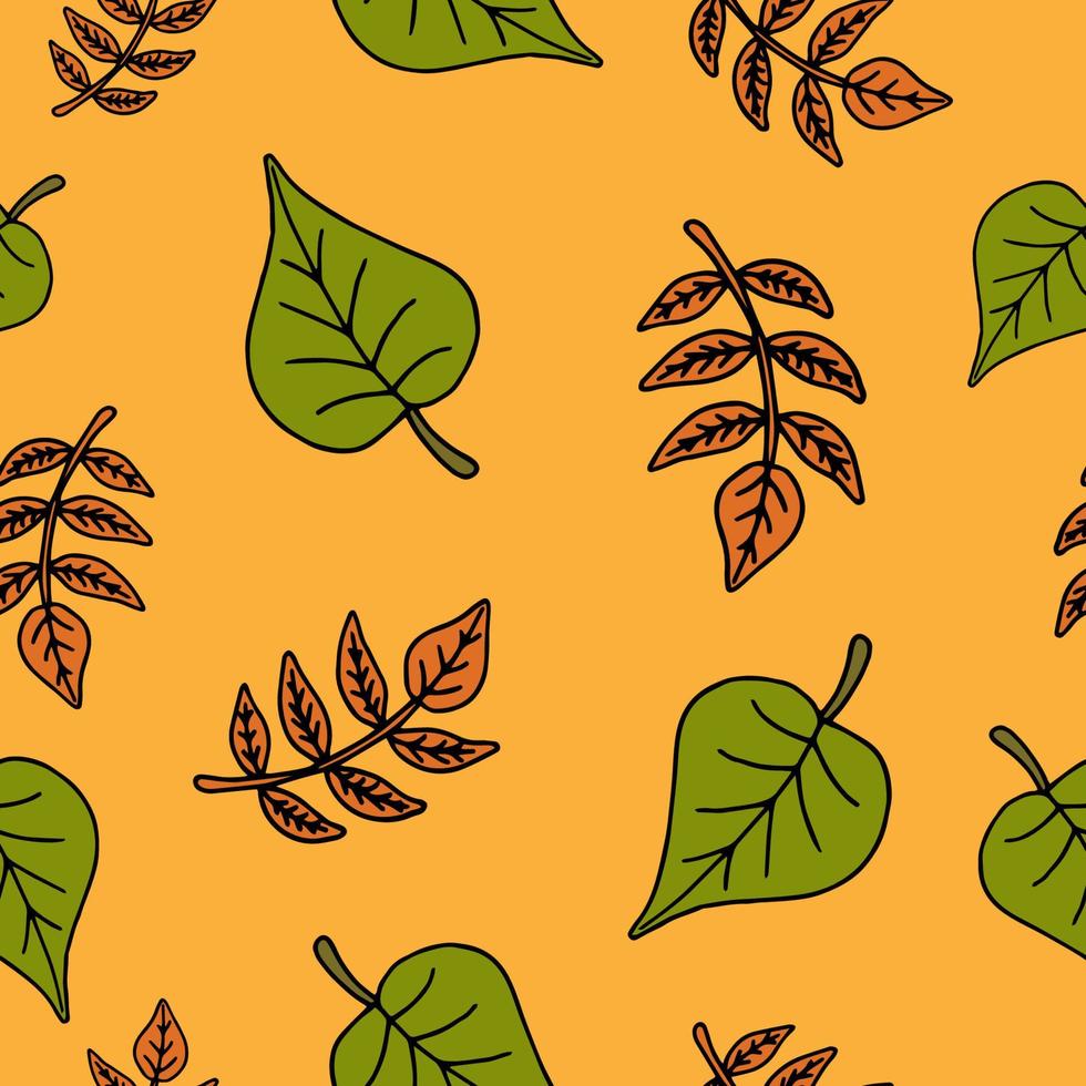 Happy Halloween vector seamless pattern. Autumn leaves background. Holiday colorful texture  for wrapping, wallpaper, textile, scrapbooking. Hand drawn vector illustration in doodle style