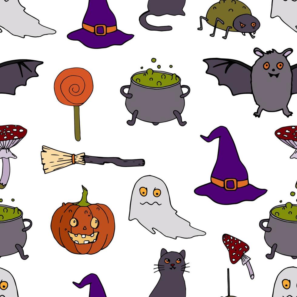 Halloween vector seamless pattern. Ghost, broom, cat, bat, hat background. Holiday colorful texture  for wrapping, wallpaper, textile, scrapbooking. Hand drawn vector illustration in doodle style