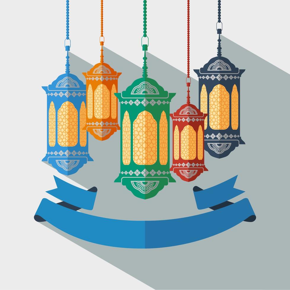 Editable Arabic Lantern and Ribbon in Flat Style and Long Shadow for Islamic Moments Like Ramadan and Eid vector