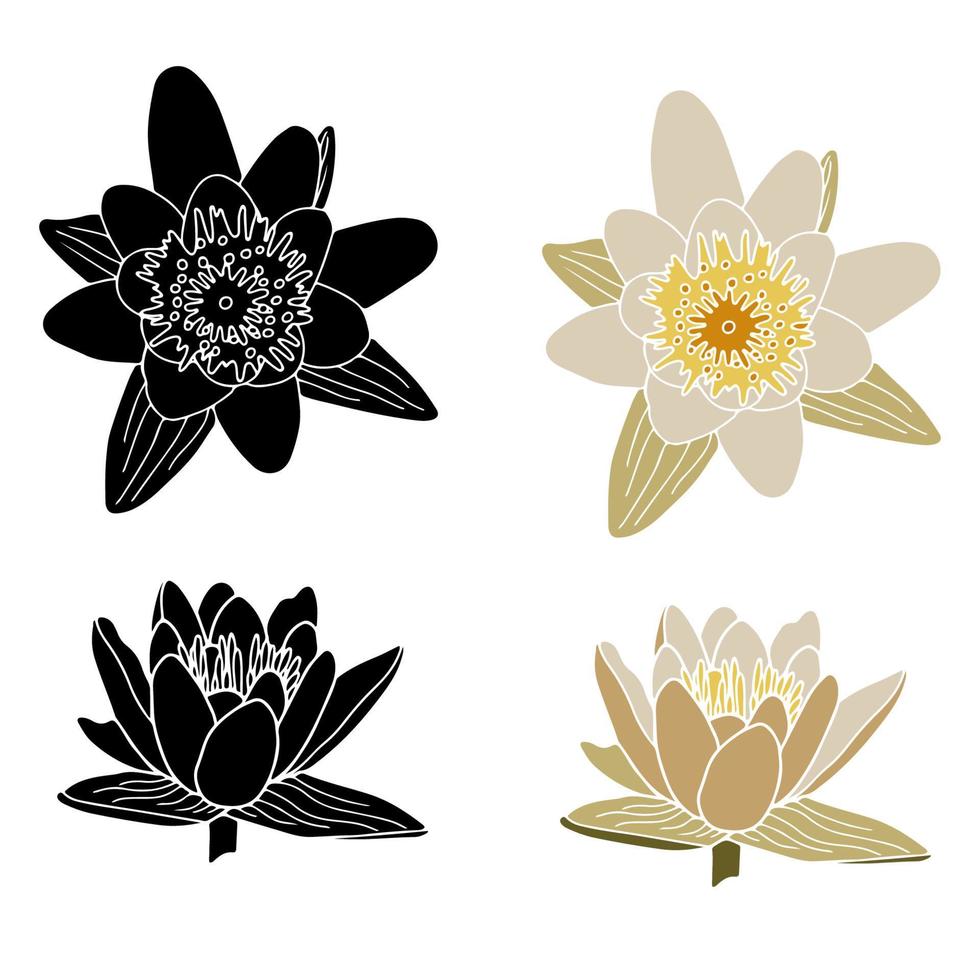 Water lily flower silhouette set. Isoalted on white background. vector