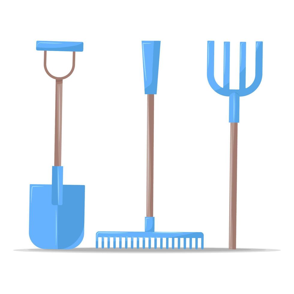 Gardening tools shovel rack pitchfork set isolated vector