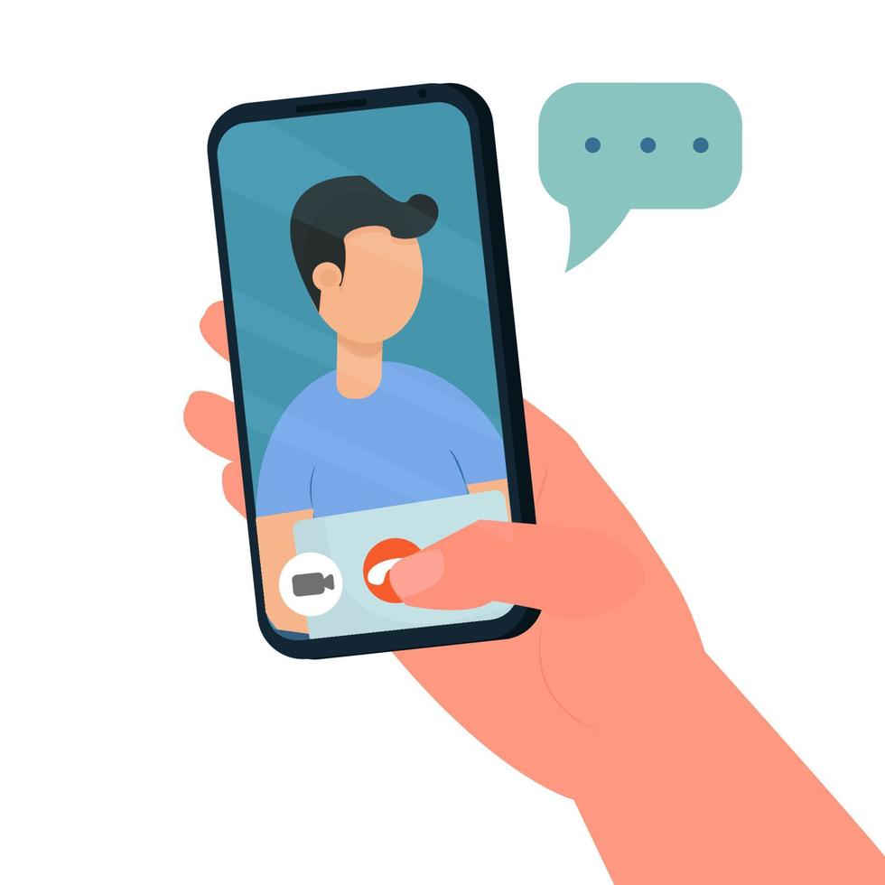 Hand holding phone, video call, conference, stream concept stock vector illustration. Face of man on screen. Chatting, talking. Graphic modern design in flat style.