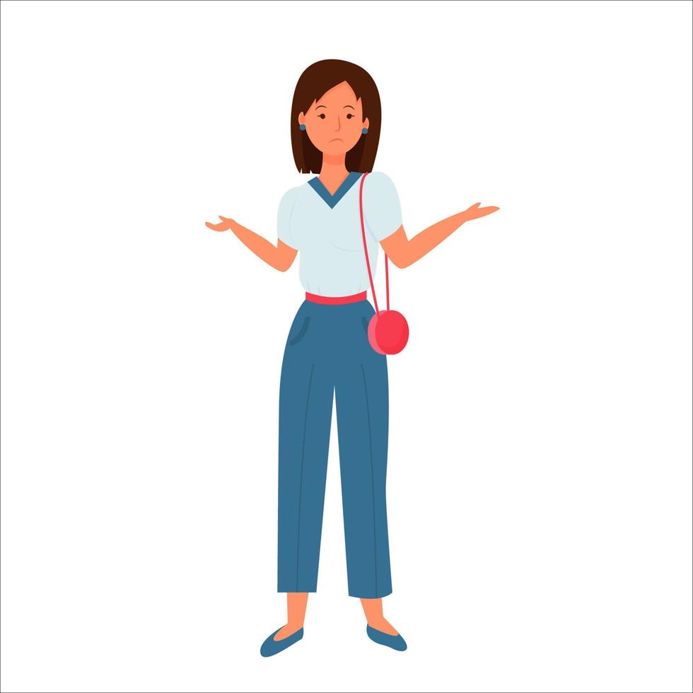 mujer confundida, cara emocional y pose, preguntas alrededor aisladas en la ilustración de vector de stock de fondo blanco. look de moda, bonito y atractivo. ilustración vectorial