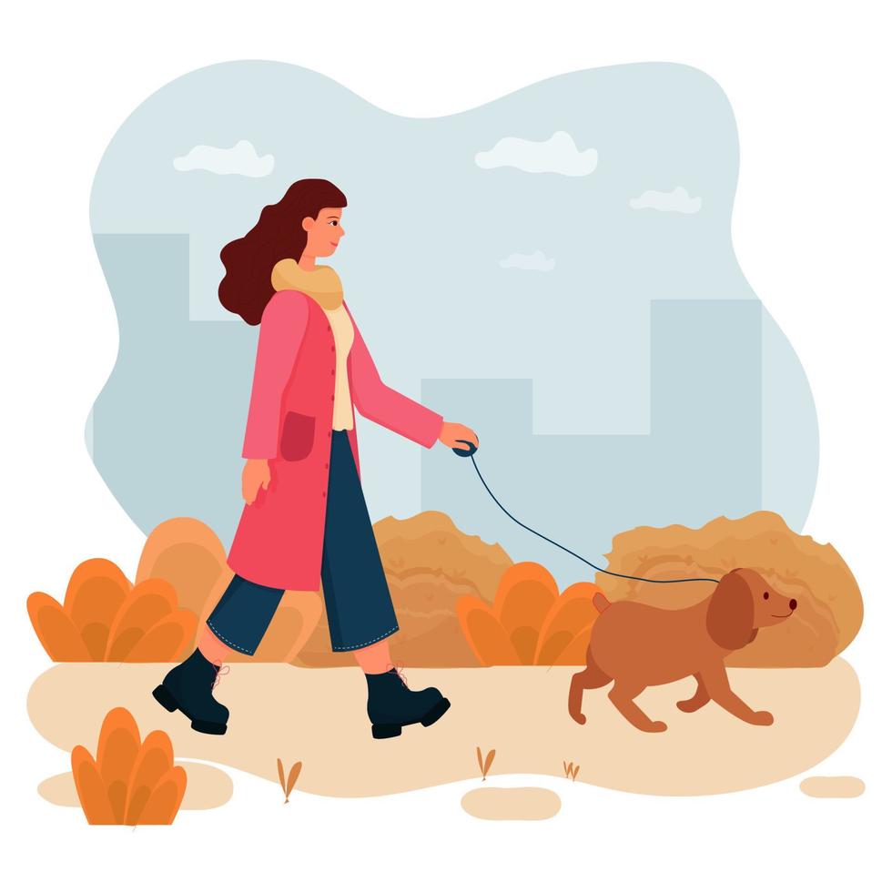 mujer con perro paseando. estilo plano, composición moderna. actividad, concepto de cuidado de mascotas. personaje de moda. . ilustración vectorial vector