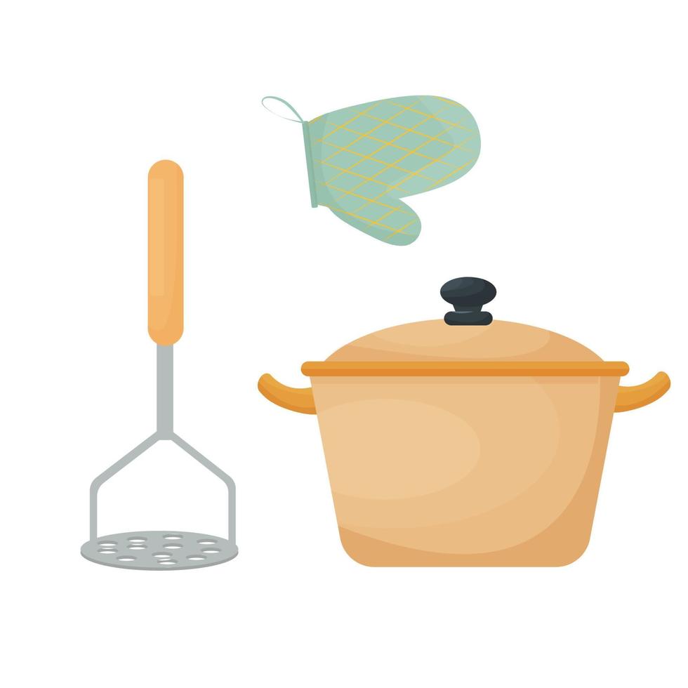 utensilio de cocina, sartén, equipo, conjunto de herramientas para cocinar, objetos elegantes aislados en la ilustración de vectores de fondo blanco. ilustración vectorial