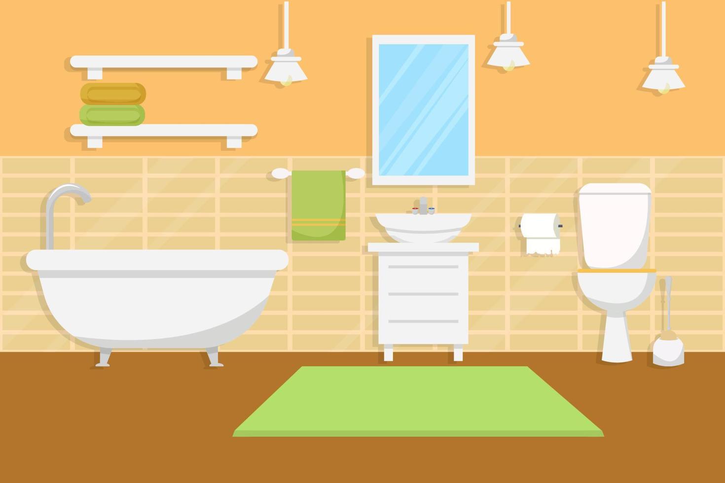 Bathroom interior with furniture in flat style stock Vector illustration. Bright, colorful composition with furniture, decorations. . Vector illustration