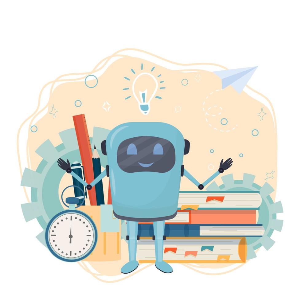 Work place for online courses, e-learning, education with books, alarm, monitor with robot isolated on white background stock vector illustration. Studying concept in flat style.