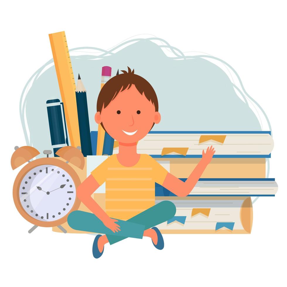 Composition with sitting boy, kid, books, pen, pencil, ruler, alarm isolated on white background stock vector illustration. Positive bright in flat style. E-learning, online education concept.
