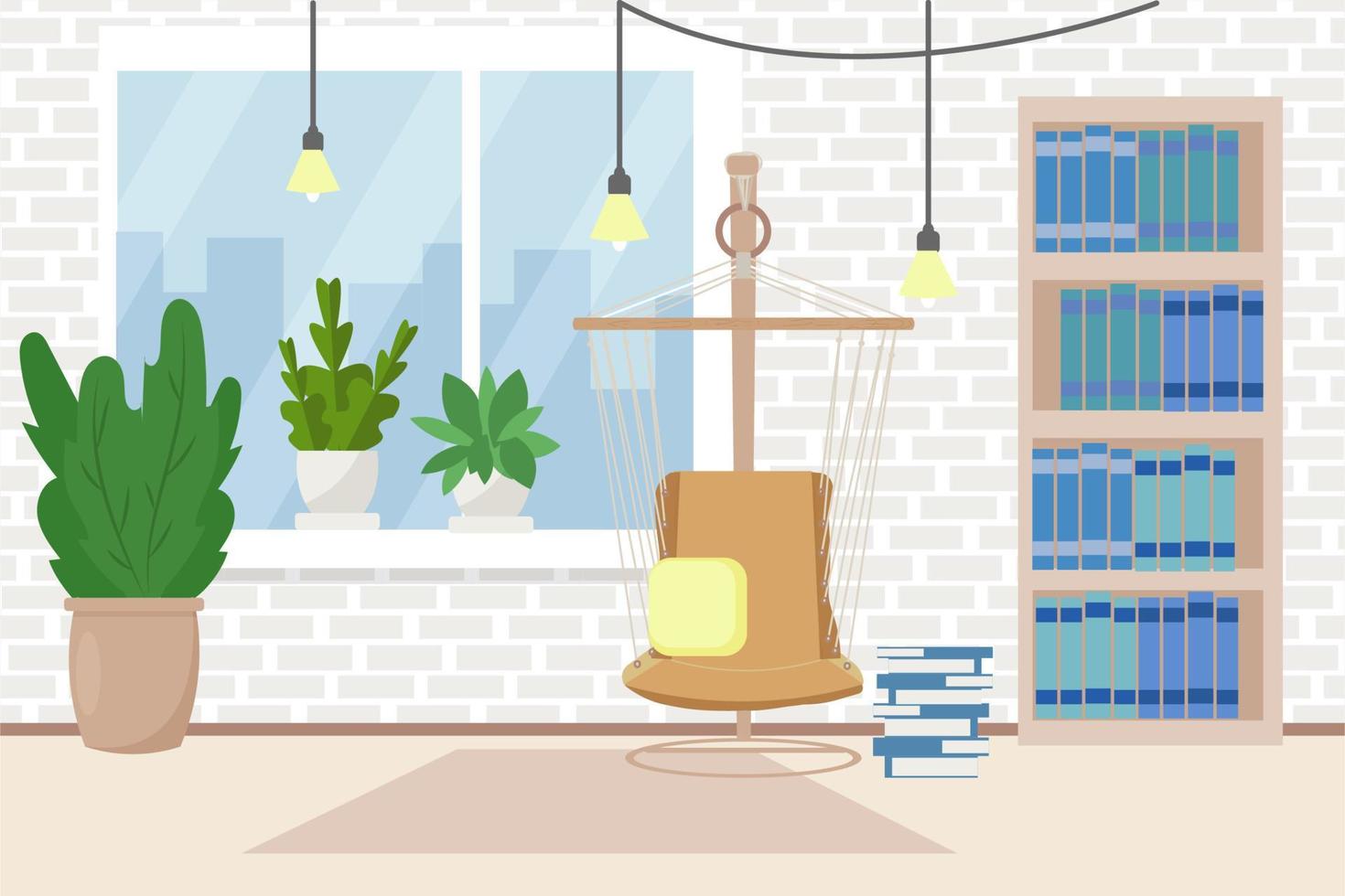 Loft, light, cozy interior with hammock chair decorated with books, plants vector stock illustration. Graphic composition of living room, indoor relax. Staying at home concept