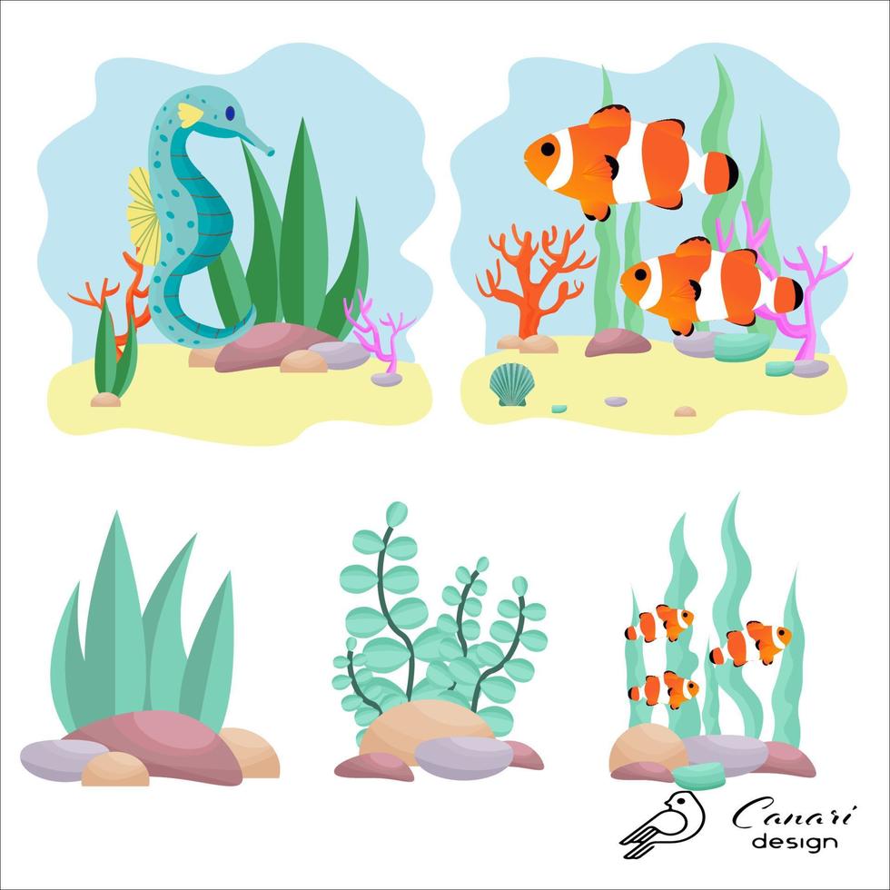 conjunto de composición acuática con habitantes submarinos, imágenes prediseñadas aisladas, elementos de diseño sobre fondo blanco ilustración vectorial de stock. ilustración vectorial vector