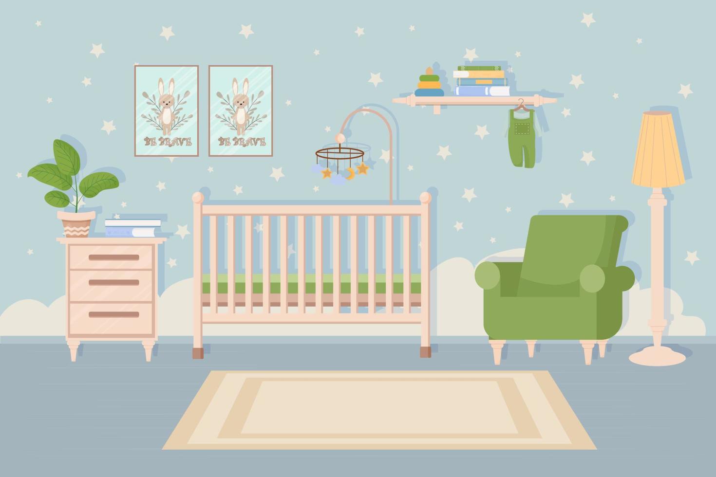 Elegant, modern, comfortable baby toddler bedroom, room interior. Baby crib, chair, table and shelf. Wall with decorations. . Vector illustration