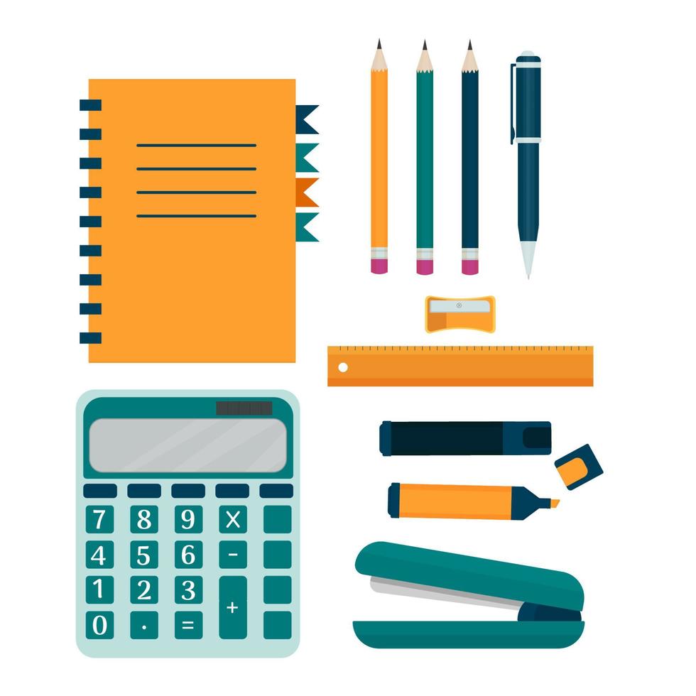 equipo de oficina colorido y elegante, bolígrafo, lápiz, cuaderno, marcador, sacapuntas, calculadora, grapadora aislada en la ilustración de vector de stock de fondo blanco