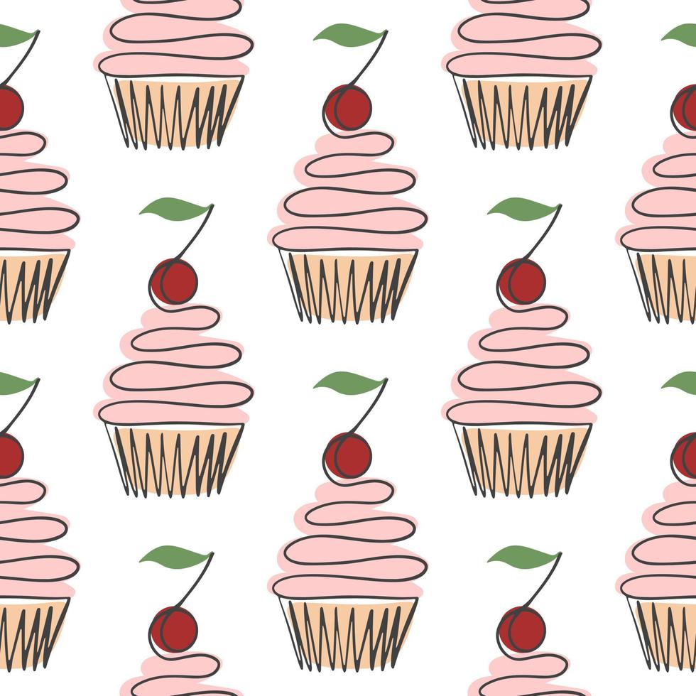 Cakes with cream and cherry seamless pattern vector illustration