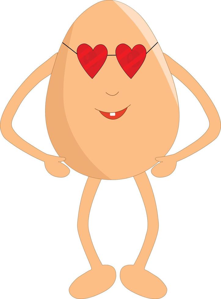 linda caricatura de huevo de pie y sonriendo y usando gafas con forma de amor para su ilustración de vector de San Valentín