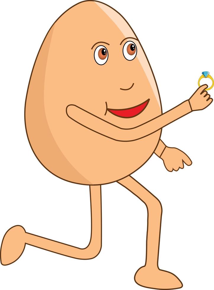 Romantic egg cartoon on knees with a ring in his hand on the occasion of propose day. Vector Illustration.