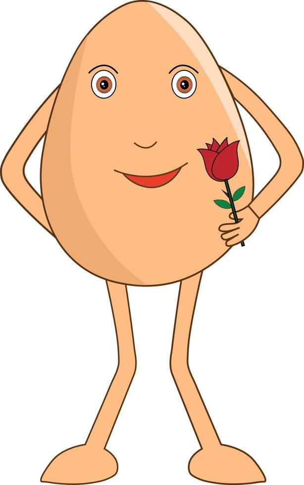 Romantic egg cartoon standing and waiting for her valentine with a rose on the rose day. Vector Illustration.