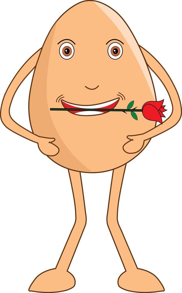 Romantic egg cartoon waiting for her valentine with a rose on his mouth. Vector Illustration.