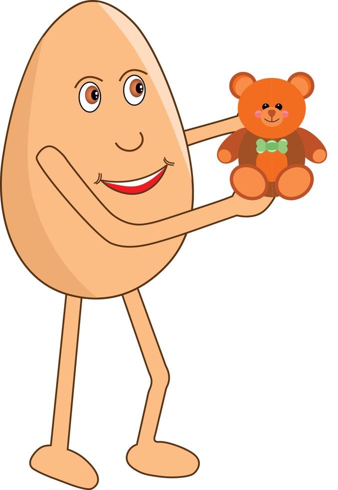 Happy egg male cartoon with a cute teddy in his hand on teddy day. Vector Illustration.