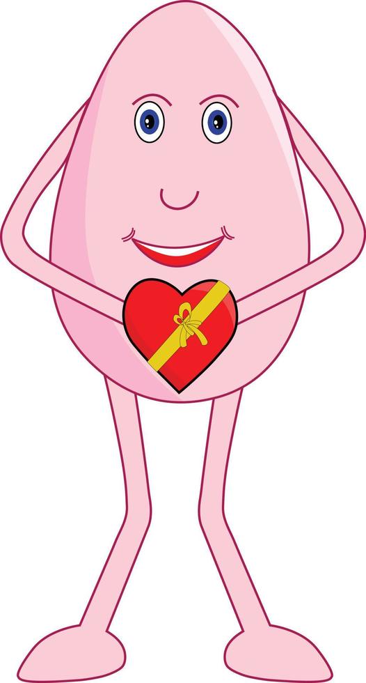 Happy egg female cartoon with a cute heart-shaped box in her hand. Vector Illustration.